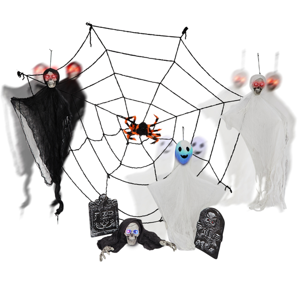 Outdoor Halloween Decorations 8-Piece Set, Hanging Ghosts Decor and Cobweb and Gravestone with Lighted Up Eyes, Scary Swinging Ghost Flying for Yard Patio Lawn Garden-2