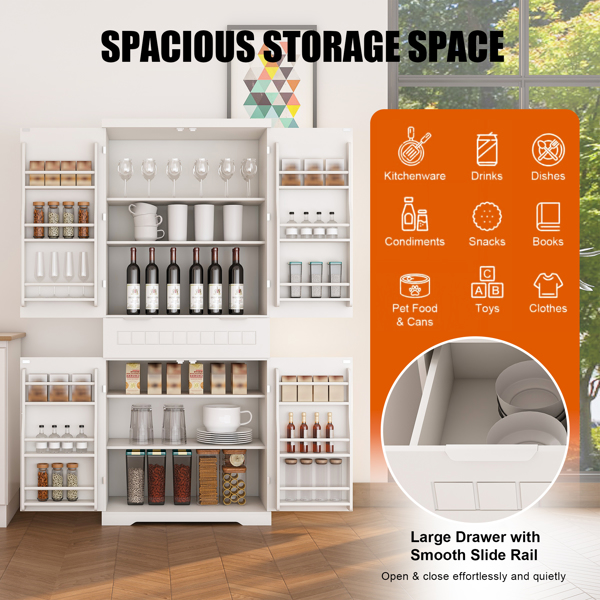 Pantry Cabinet, 71.65" Tall Storage Cabinet with Drawer, 2 Cabinets & 6 Door Shelves, Adjustable Shelves, Freestanding Cupboard for Kitchen, Living Room, Bathroom, Farmhouse Style, White-4