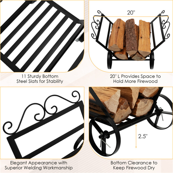 Mobile Firewood Storage Rack - 110 lbs Capacity Steel Frame, 5" Wheels -6