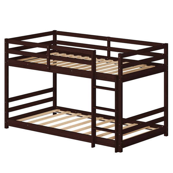 Brown painted pine twin wooden bed with head and tail cross rails, can be split into single bed or bunk bed-9