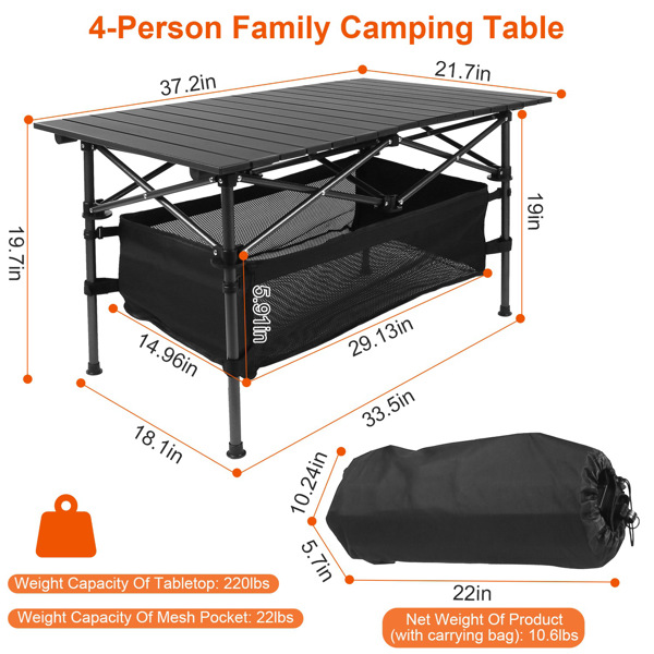 220 lbs Folding Camping Table – 30-Second Tool-Free Setup, Aluminum Roll-Top & Steel Frame, Detachable Mesh Basket, Portable Outdoor Picnic/BBQ/Beach Table with Carry Bag-10