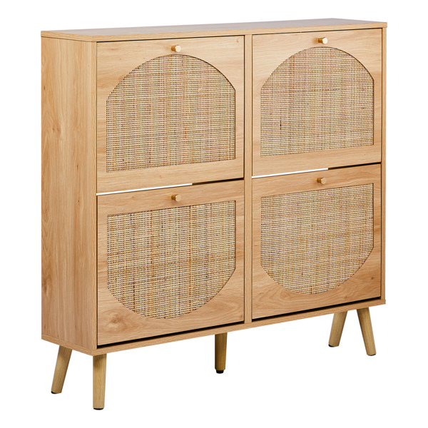 2 rows of 4 dump buckets with high feet arched rattan surface shoe cabinet density board with triamine 105*24*98cm original wood color-10