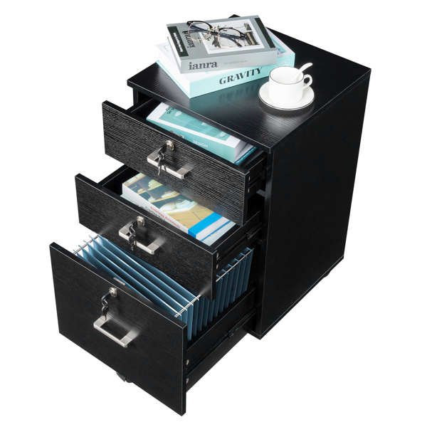 Black Wood Grain Density Board Three Drawers Wooden Filing Cabinet-7