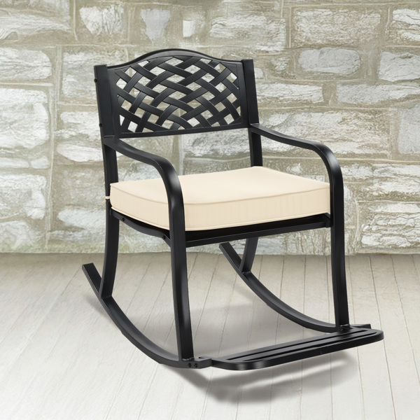 Metal Rocking Chair, Outdoor Rocking Bench with Cushion, Patio Rocker with Footrest, Weatherproof Rocking Chair for Outside, Patio, Garden, Hole Backrest-7