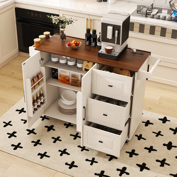 White Kitchen Island Cart with Foldable Tabletop & Drop Leaf - Mobile Breakfast Bar on Wheels with Wood Top and Storage-9