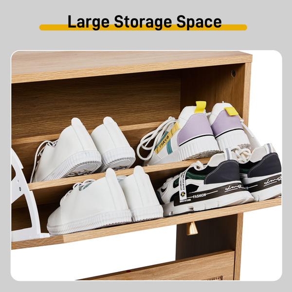 2 rows of 4 dump buckets with high feet arched rattan surface shoe cabinet density board with triamine 105*24*98cm original wood color-6