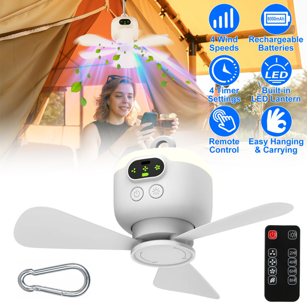 2 In 1 Portable Camping Fan with LED Lantern 8000mAh Battery Powered Tent Fan with Carabiner Digital Display 4 Speeds 4 Timer Settings for Camping Canopy Tents RV-1