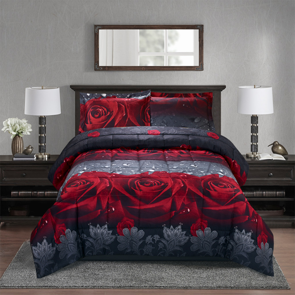3D Comforter set 3 Pieces Rose Love Romantic Moment Print Comforter Set with Microfiber Fabric and Filling (Amazon Shipping)-1