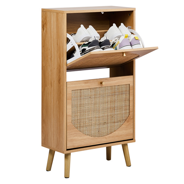 2-Tilt Shoe Cabinet with Arched Rattan Surface, MDF with Triamine, 54*24*98cm, Natural Wood Color-10