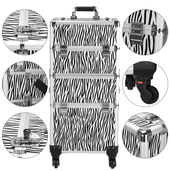 3 in 1 Aluminum Cosmetic Makeup Case Tattoo Box White Zebra Print-5