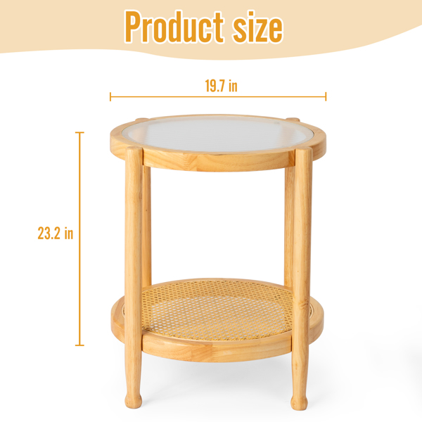 19.7in Rattan Coffee Table with Glass Top, Small Round End Table, Boho Style Side Table Sofa End Table for Living Room Balcony Patio, Natural-13