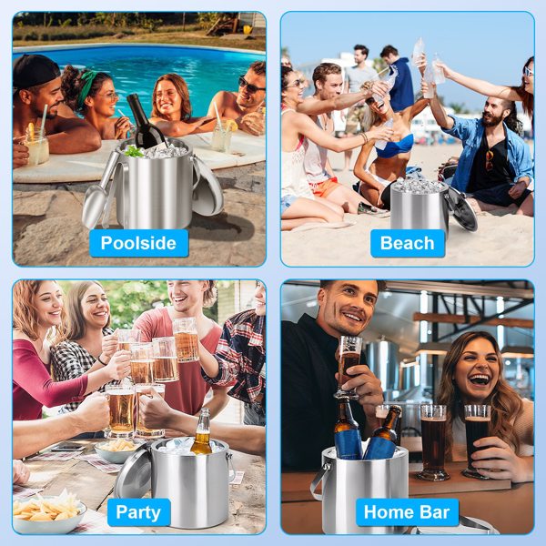  3L Ice Holder Ice Container Double-Wall Stainless Steel Insulated Ice Bucket 3L Ice Holder Ice Container with Lid Scoop Strainer Handle for Wine Champagne Beer Parties Cocktails-9