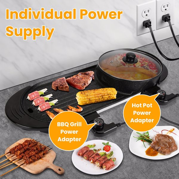 Dual-Electric 2 in 1 Hot Pot & Grill Combo, 2200W Rapid-Heat Indoor , 3.7 QT Non-Stick Hotpot Separate Temp Control , Apartment-Friendly Party Cooker-2