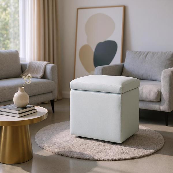 Beige Linen-Textured Storage Ottoman with Black Rubber Feet – Compact Square Seat with Hidden Storage, 42×42×44cm-3