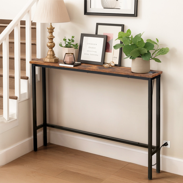 39.4" Narrow Console Sofa Table with Power Outlets and USB Ports, Skinny Couch Table with Metal Frame and Charge Station with 4.9ft Extension Cord, Rustic Brown-6