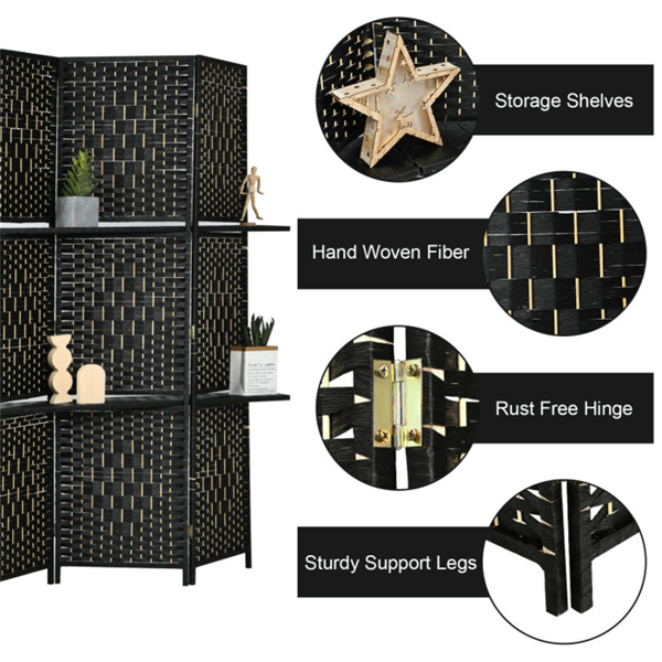 Foldable Room Screen with Storage Shelves - 106.5"x71" Max Size, Hand-Woven Fiber & Poplar Wood Frame, Black-8