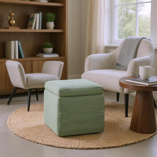 Green Corduroy Storage Ottoman with Rubber Feet – Compact Soft Cube Seat, 42×42×44cm-1