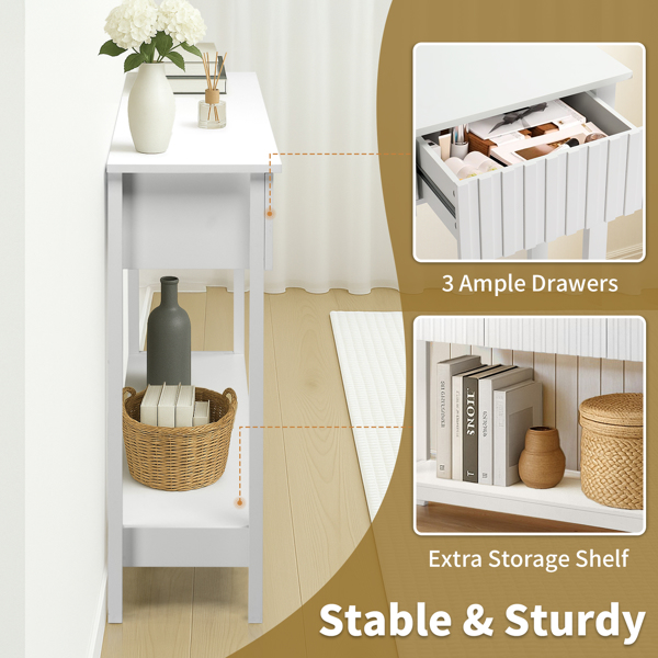 Modern Console Table with 3 Drawers and Open Storage Shelf, Entryway Table Narrow Long Sofa Table Hallway Foyer Table Behind Couch Table, White-9