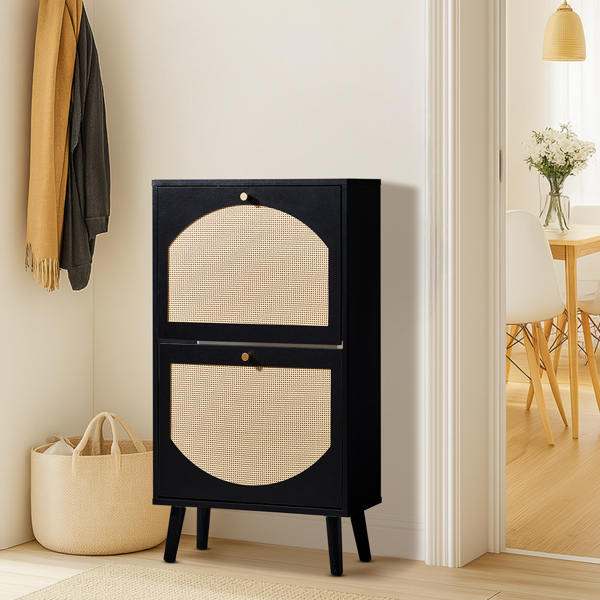 2 dump buckets with high-leg arched rattan surface shoe cabinet particle board + plastic rattan 54*24*98cm black frame + original wood rattan surface + black high legs-2