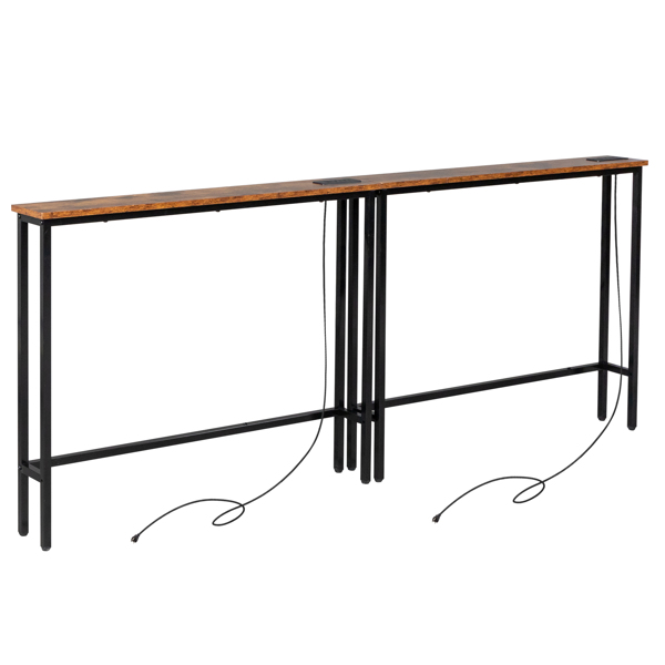2 Pack 39.4" Narrow Console Sofa Table with Power Outlets and USB Ports, Long Couch Table with Metal Frame and Charge Station with 4.9ft Extension Cord, Rustic Brown-2