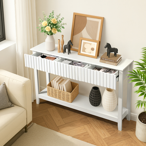 Modern Console Table with 3 Drawers and Open Storage Shelf, Entryway Table Narrow Long Sofa Table Hallway Foyer Table Behind Couch Table, White-3