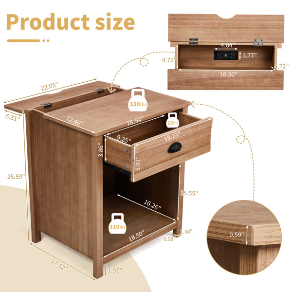 Oak color P2 density board + solid wood veneer frame 56*45*65cm one drawer with lower compartment bedside table mid-century modern-2