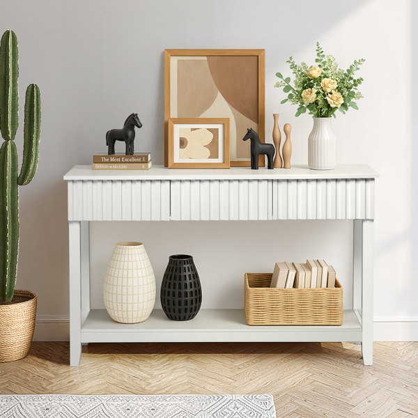 Modern Console Table with 3 Drawers and Open Storage Shelf, Entryway Table Narrow Long Sofa Table Hallway Foyer Table Behind Couch Table, White-2