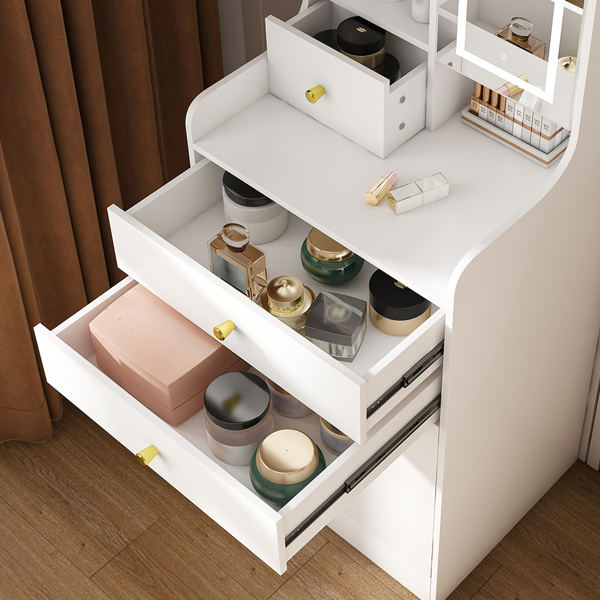 3-in-1 Dressing Table with LED Mirror & Storage Stool - Compact Makeup Vanity with 4 Drawers, Storage Cabinet & Hidden Stool, White Density Board Design, Open Bookshelf for Bedroom Organization-3