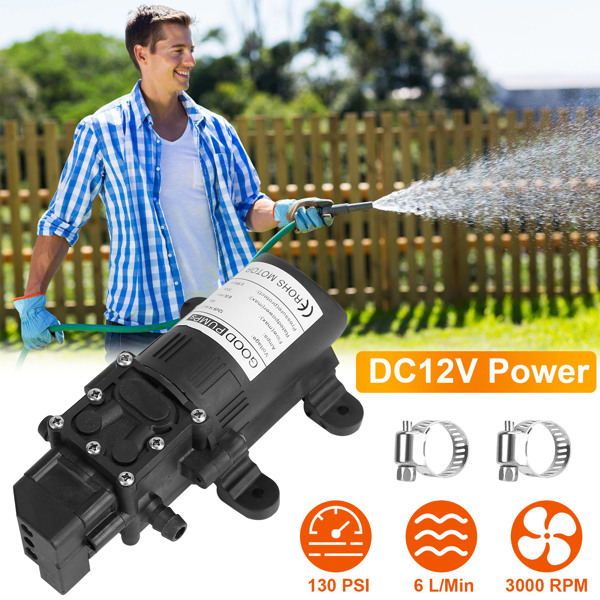 2PCS 12V Water Pump with 2 Hose Clamps 130PSI Self Priming Sprayer Pump 70W Electric Diaphragm Water Pump 6L/Min for RV Camper Marine Boat-6