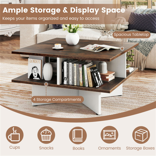 2-Tier Living Room Coffee Table - Square Design with 4 Storage Compartments-7