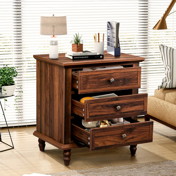 Brown P2 particle board with 3D paper + solid wood legs 63*44.5*68.5CM three drawers bedside table 1pcs-7