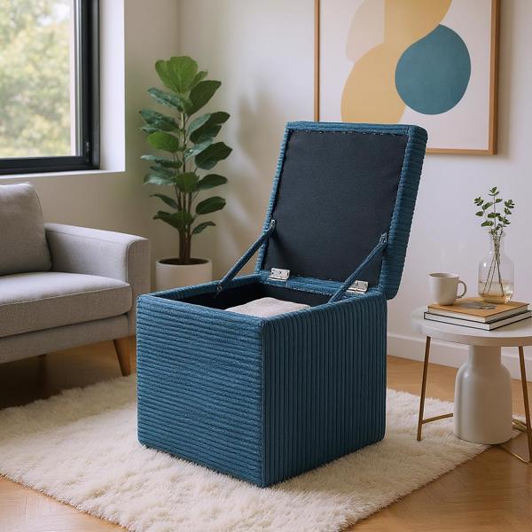 Blue Corduroy Storage Ottoman with Rubber Feet – Compact Soft Cube Seat, 42×42×44cm-4