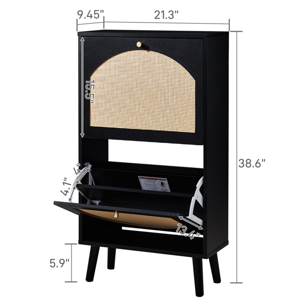 2 dump buckets with high-leg arched rattan surface shoe cabinet particle board + plastic rattan 54*24*98cm black frame + original wood rattan surface + black high legs-3