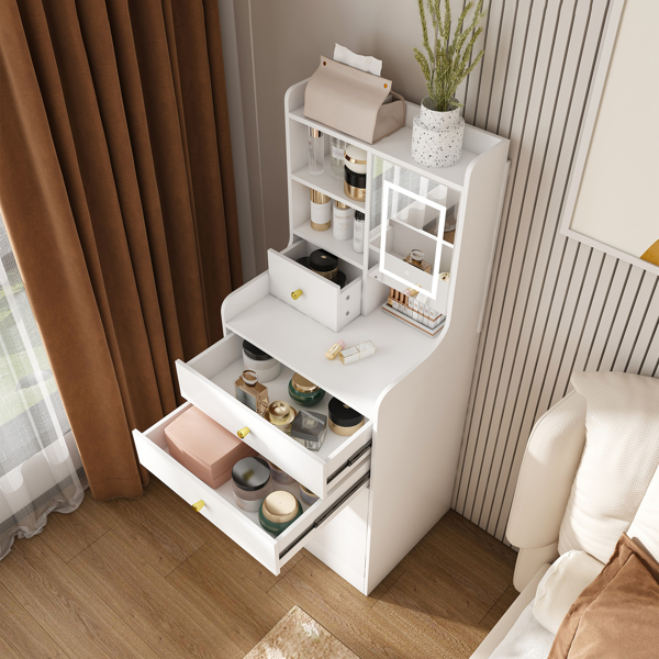 3-in-1 Dressing Table with LED Mirror & Storage Stool - Compact Makeup Vanity with 4 Drawers, Storage Cabinet & Hidden Stool, White Density Board Design, Open Bookshelf for Bedroom Organization-8