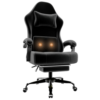 Ergonomic Gaming Chair, Video Game Chair with Massage Lumbar Support and Footrest, Height Adjustable Fabric Computer Chair with Pocket Spring Cushion, Black