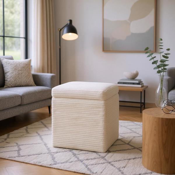 Beige Corduroy Storage Ottoman with Rubber Feet – Compact Soft Cube Seat, 42×42×44cm-2