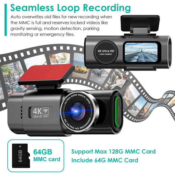 4K+1080P Dual Dash Cam Front & Rear with WiFi & Free 64 GB Card | 140°/120° Wide-Angle Loop Recording | G-Sensor & Night Vision | Mini Aluminum Alloy Car Camera, Easy Install-3