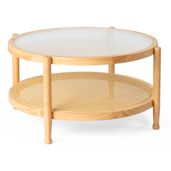 31.5in Rattan Coffee Table with Glass Top, Round End Table, Boho Style Side Table Sofa End Table for Living Room Balcony Patio, Natural