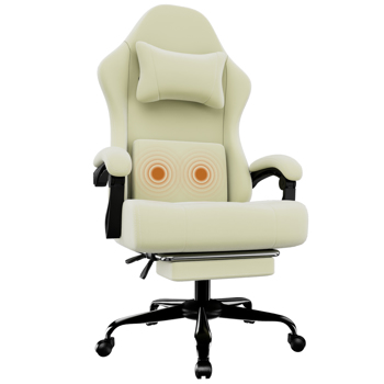Ergonomic Gaming Chair, Video Game Chair with Massage Lumbar Support and Footrest, Height Adjustable Fabric Computer Chair with Pocket Spring Cushion, White