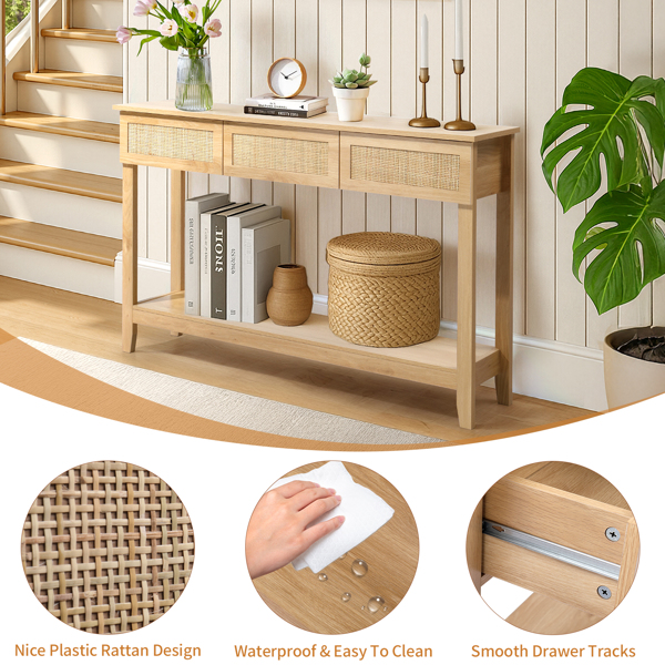 Boho Style Rattan Console Table with 3 Drawers and Open Storage Shelf, Entryway Table Narrow Long Sofa Table Hallway Foyer Table Behind Couch Table, Natural Wood-9