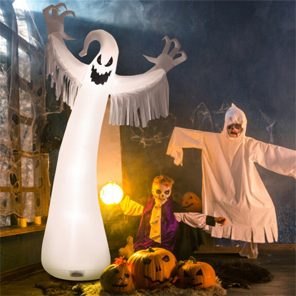 Spooky Halloween Inflatable Ghost - 12 ft Tall with LED Lights, Waterproof Fabric, Spikes/Ropes for Stability, White-7