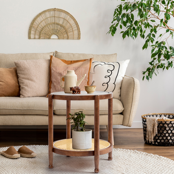 19.7in Rattan Coffee Table with Glass Top, Small Round End Table, Boho Style Side Table Sofa End Table for Living Room Balcony Patio, Walnut-6