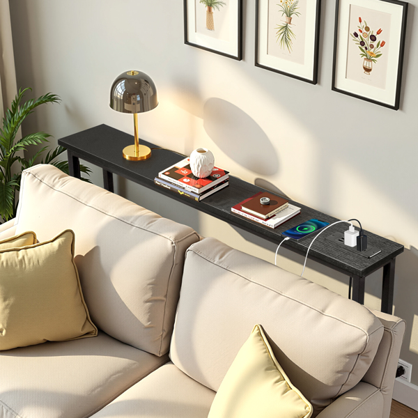 39.4" Narrow Console Sofa Table with Power Outlets and USB Ports, Skinny Couch Table with Metal Frame and Charge Station with 4.9ft Extension Cord, Black-8