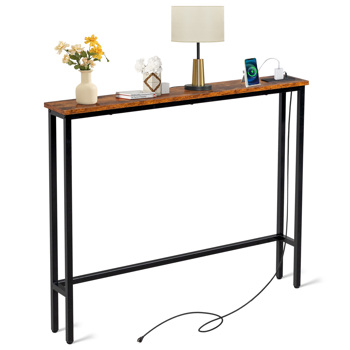 39.4" Narrow Console Sofa Table with Power Outlets and USB Ports, Skinny Couch Table with Metal Frame and Charge Station with 4.9ft Extension Cord, Rustic Brown