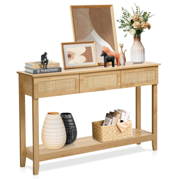 Boho Style Rattan Console Table with 3 Drawers and Open Storage Shelf, Entryway Table Narrow Long Sofa Table Hallway Foyer Table Behind Couch Table, Natural Wood
