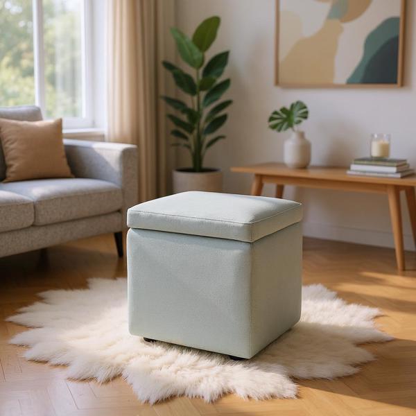 Gray Linen-Textured Storage Ottoman with Black Rubber Feet – Compact Square Seat with Hidden Storage, 42×42×44cm-4