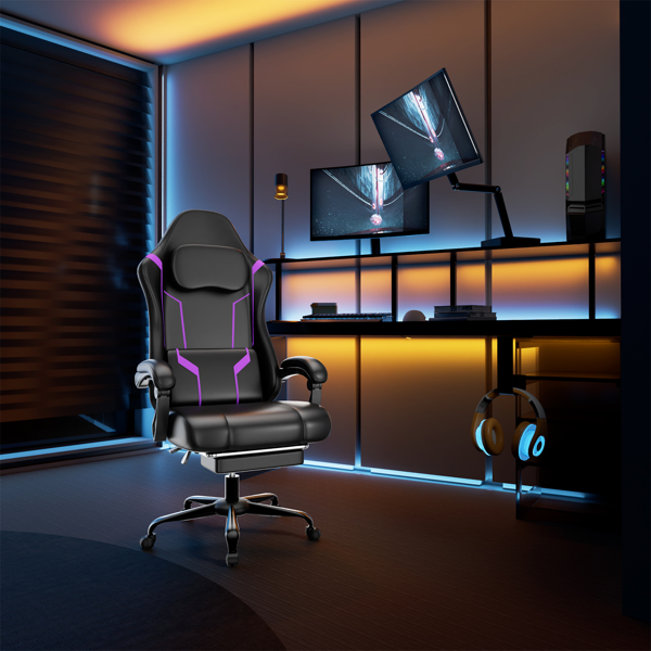 Ergonomic Gaming Chair, Video Game Chair with Pocket Spring Cushion and Footrest, Height Adjustable Computer Chair with Swivel Seat and Headrest (Faux Leather, Purple)-7