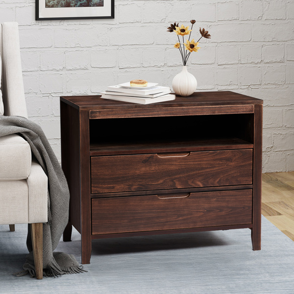 Brown P2 density board + solid wood veneer frame 75*40*61CM two drawers with upper compartment bedside table mid-century modern-16