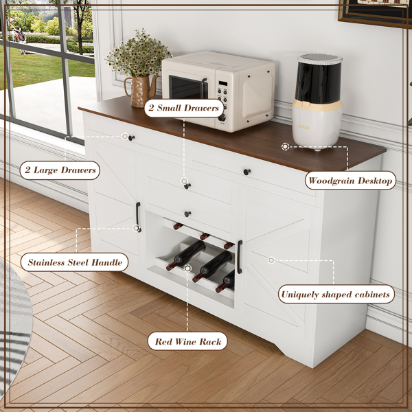 54" Farmhouse Buffet Sideboard with Storage Cabinet & Adjustable Shelf – Wood Top Dining Table with Drawer, Kitchen Storage Cabinet for Dining Room, Living Room, White-6