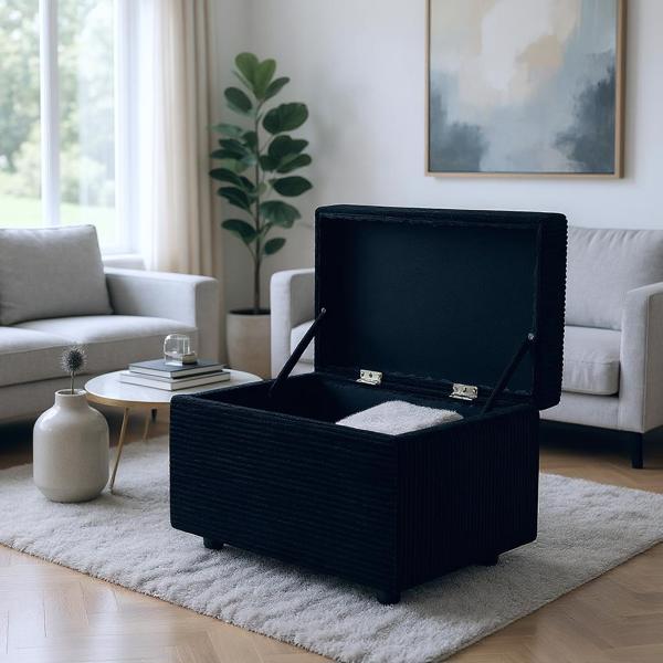 Black Corduroy Upholstered Storage Ottoman with Black Round Rubber Feet – 63×43×43cm, Hidden Storage with Soft Seating-3